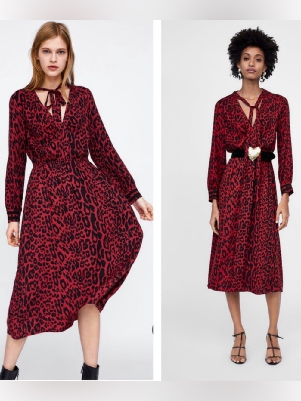 Zara Red and Black Leopard-Print Midi Dress (Med)
